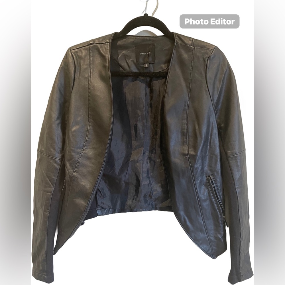 Open Front Faux Leather Blazer - M - Black